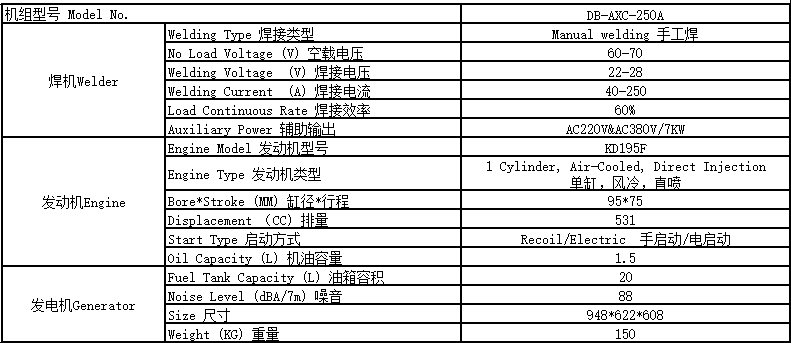 250A柴油发电焊机参数